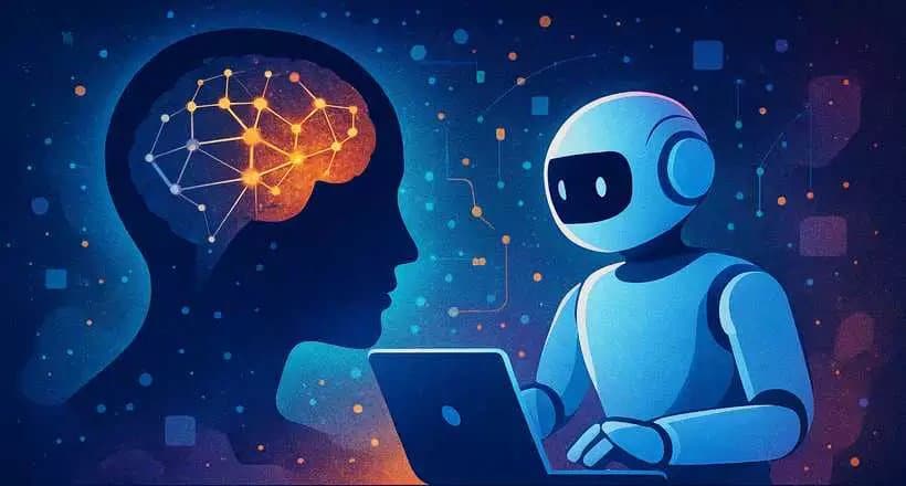 Ilustração de um robô ao lado de uma cabeça humana com rede neural