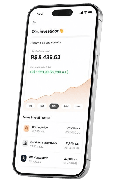 Aplicativo da XO Digital no celular, com o resumo da carteira do investidor