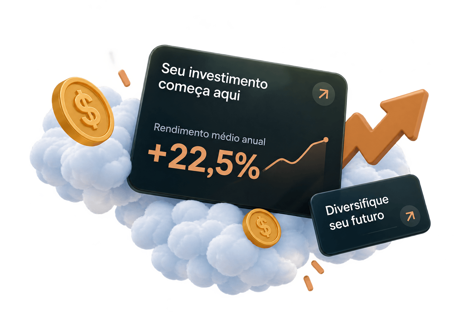 Painéis 3D com rendimento médio anual e moedas sobre uma nuvem