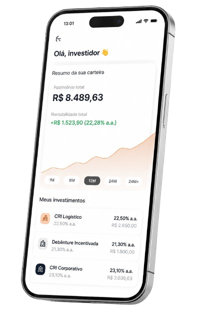 Aplicativo da XO Digital no celular, com o resumo da carteira e os investimentos