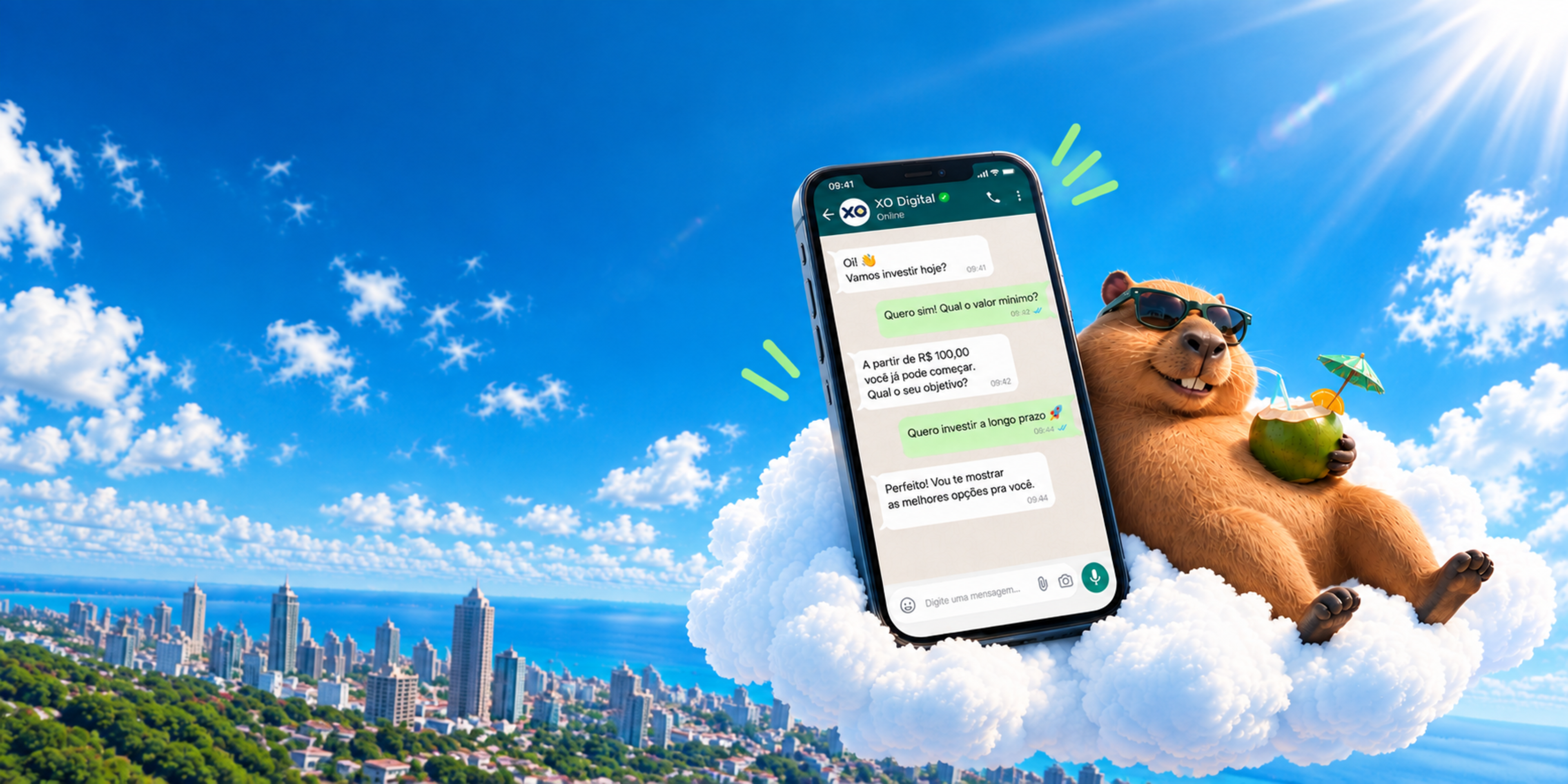 Cena 3D com o mascote da XO Digital em uma nuvem ao lado de um celular com conversa no WhatsApp